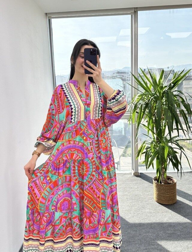 Pembe Asimetrik Desen Salaş Elbise