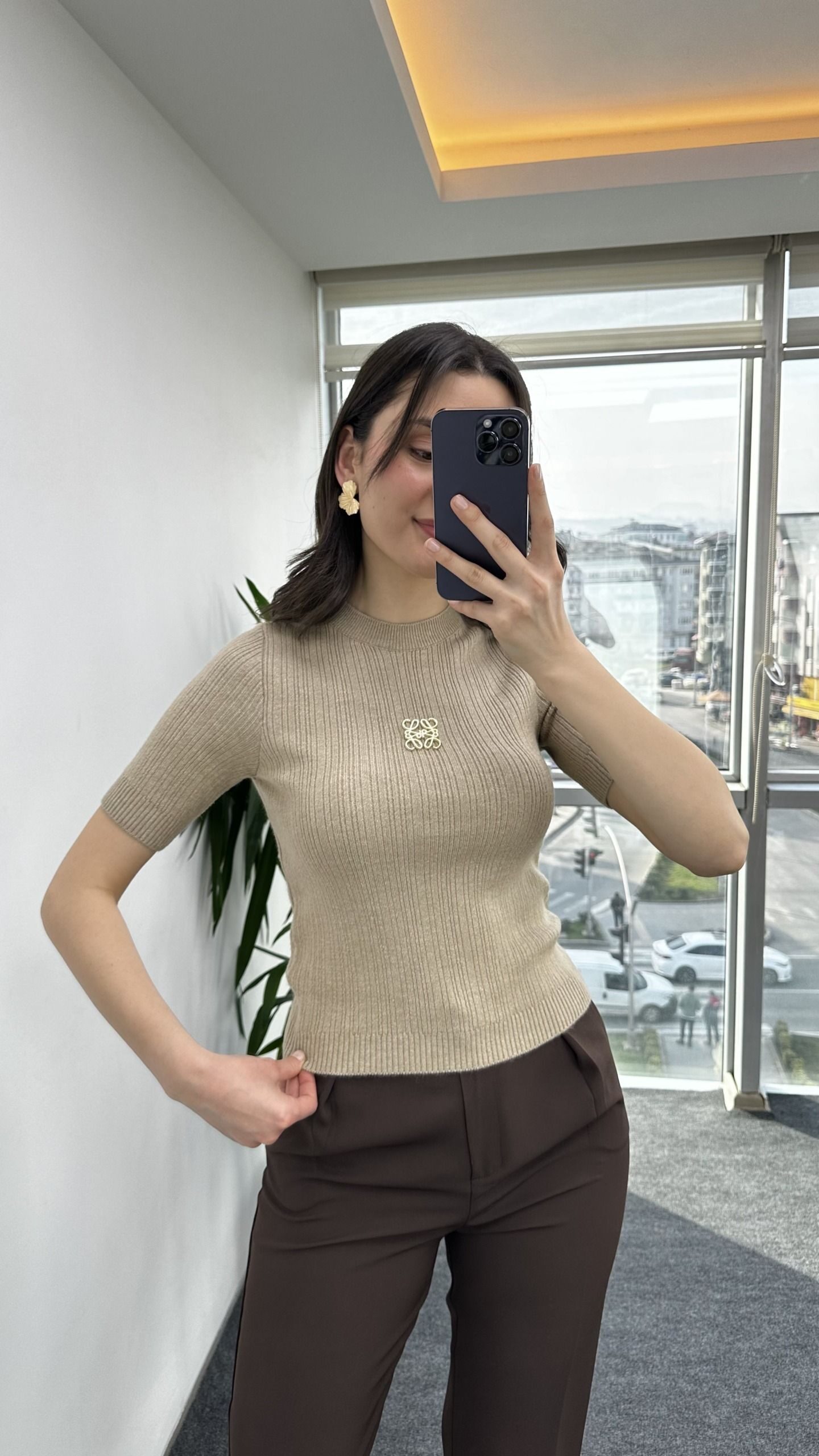 Bej Marka Model Broşlu Triko - Görsel 2