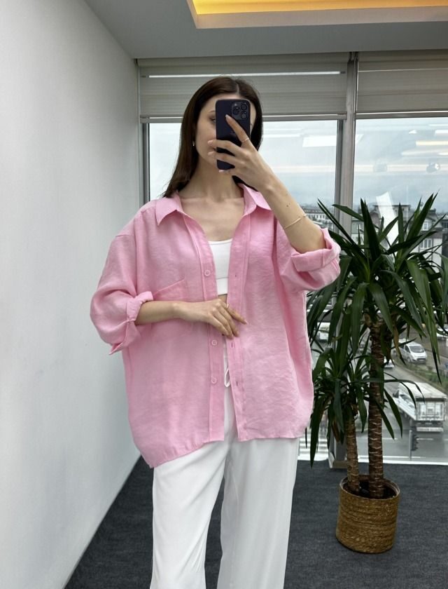 Toz Pembe Düşük Omuz Oversize Gömlek