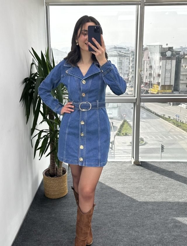 Premium Kemerli Denim Elbise